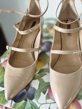 Tahari Nude Patent Pointed-Toe Mary Jane Pumps with Double Straps